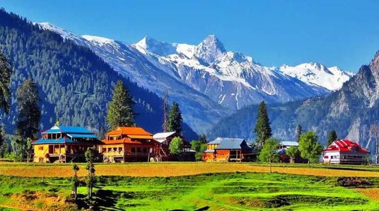 Wooden houses of Arang Kel village on a green hillside in Neelum Valley