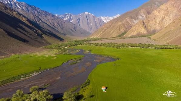 Chitral town and river with Tirich Mir mountain in the background, Khyber Pakhtunkhwa